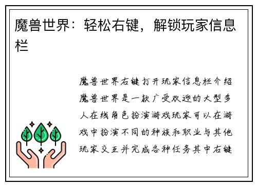 魔兽世界：轻松右键，解锁玩家信息栏