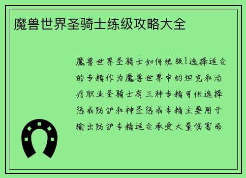 魔兽世界圣骑士练级攻略大全
