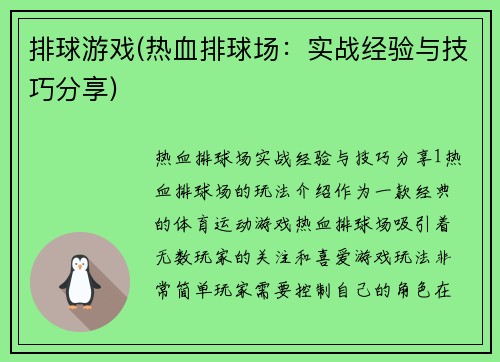 排球游戏(热血排球场：实战经验与技巧分享)